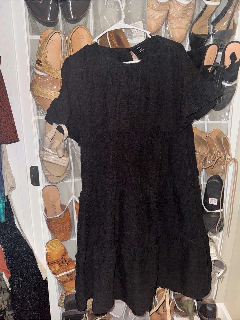 SHEIN Black Textured Tiered Short Sleeve Dress